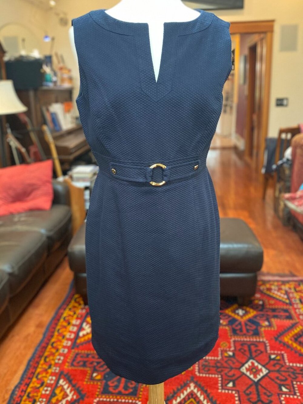 Tahari navy textured sheath with gold detail, size 10